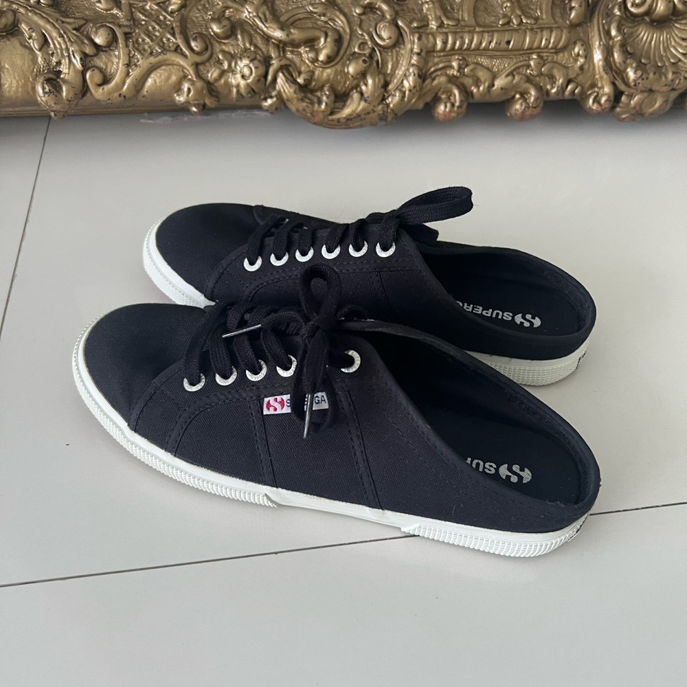 SUPERGA Womens Black/White Logo Lace Up Mule Style Cotu Round Toe Slip On